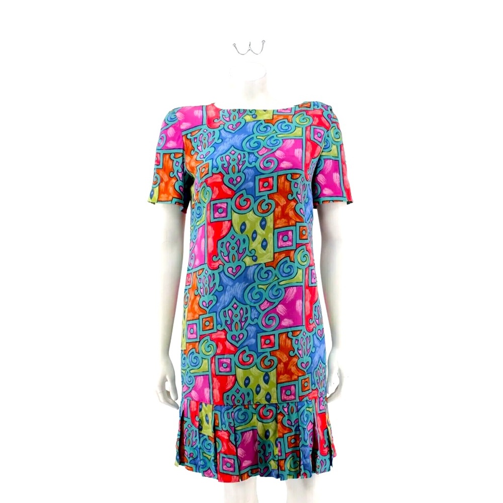 Vintage Liz Claiborne Dress Colorful 100% Silk Drop Waist Pleat Hem Back Zip 10